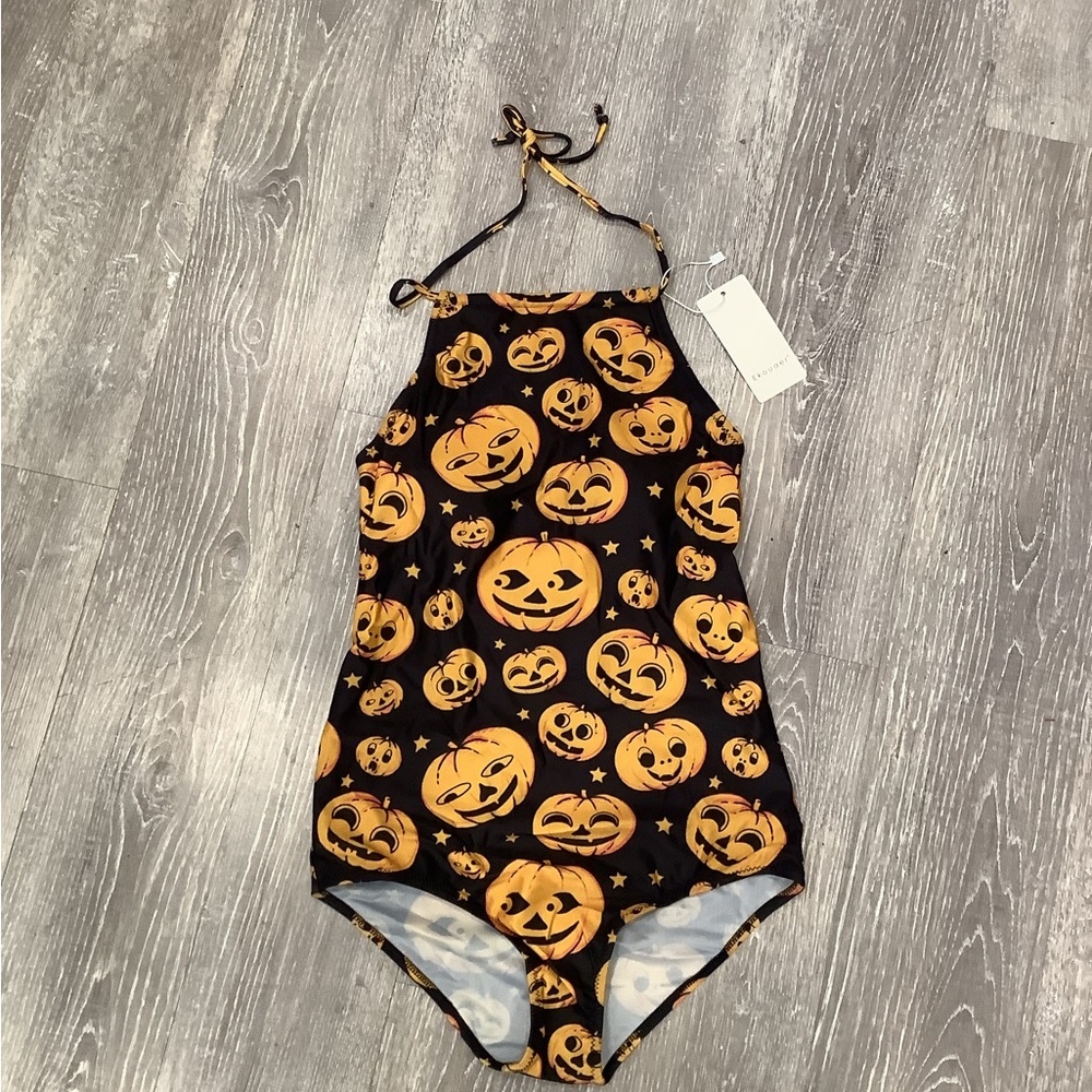 Halloween Pumpkin Print Halter Swimsuit
